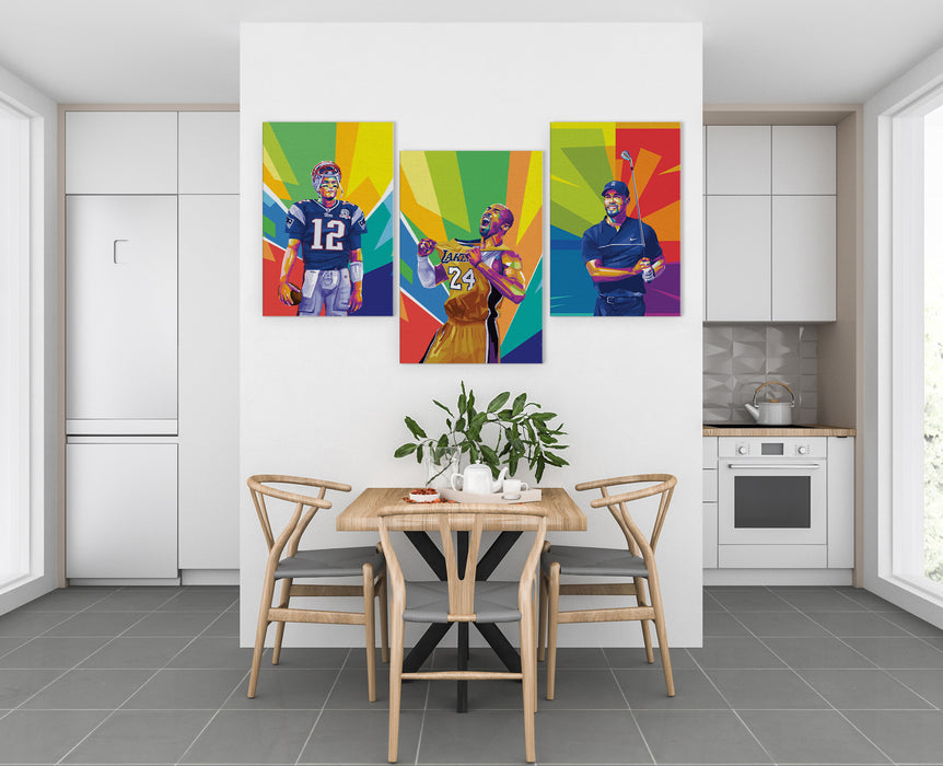 Famous Athletes Set - Kobe Bryant, Tom Brady, Tiger Woods - 3-Pieces Canvas Print for Gallery Wall