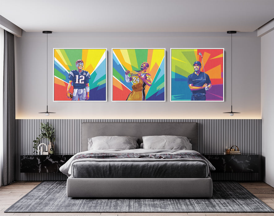 Famous Athletes Set - Kobe Bryant, Tom Brady, Tiger Woods - 3-Pieces Canvas Print for Gallery Wall