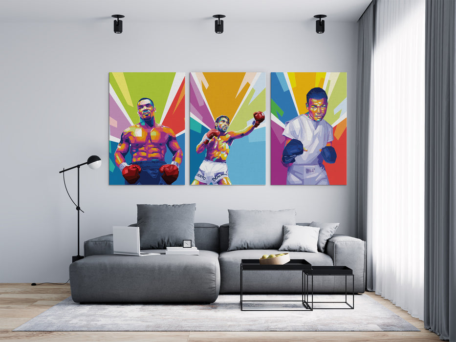 Famous Boxers Set - Mike Tyson, Roberto Duran, Sugar Ray Robinson - 3-Pieces Canvas Print for Gallery Wall