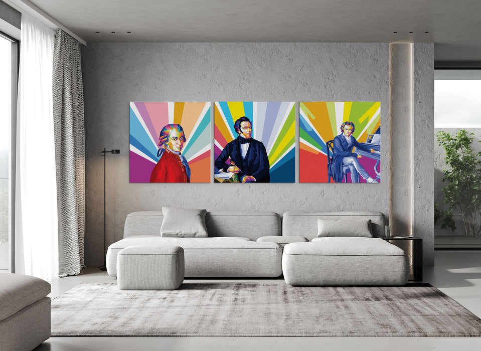 Famous Composers Set - Wolfgang Amadeus Mozart, Ludwig Van Beethoven, Franz Schubert - 3-Pieces Canvas Print for Gallery Wall