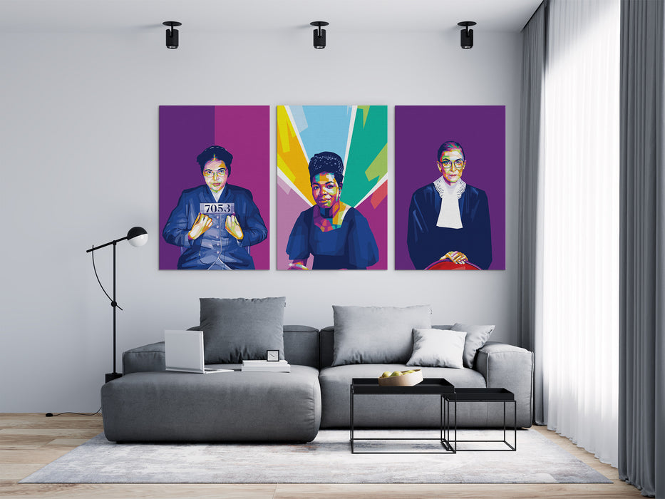 Famous Feminists Set - Rosa Parks, Ruth Bader Ginsburg & Maya Angelou - 3-Pieces Canvas Print for Gallery Wall