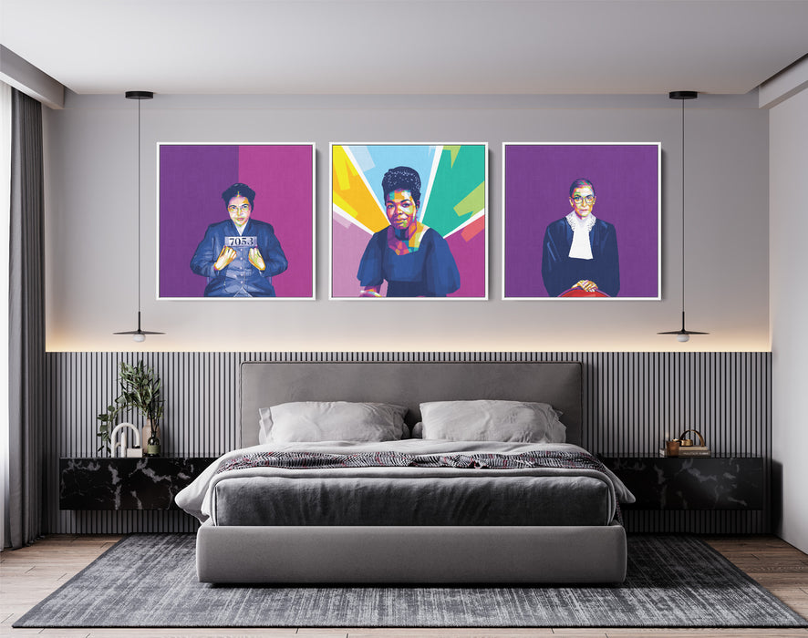 Famous Feminists Set - Rosa Parks, Ruth Bader Ginsburg & Maya Angelou - 3-Pieces Canvas Print for Gallery Wall