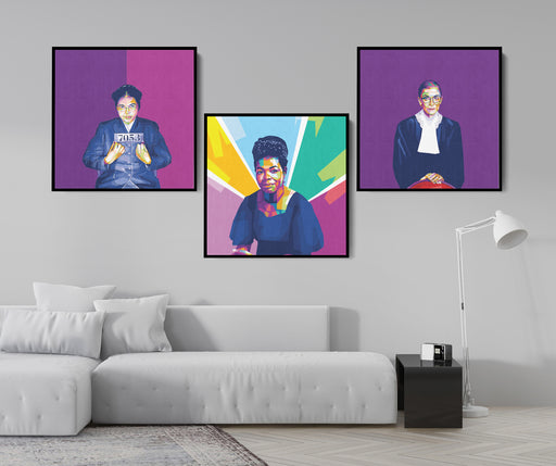 Modern 3-pieces canvas print for gallery wall of Rosa Parks, Ruth Bader Ginsburg, Maya Angelou 