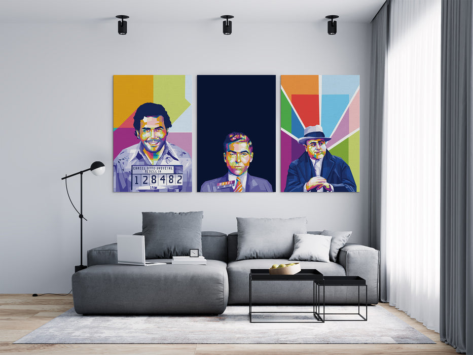 Famous Gangsters Set - Pablo Escobar, Lucky Luciano, Al Capone - 3-Pieces Canvas Print for Gallery Wall