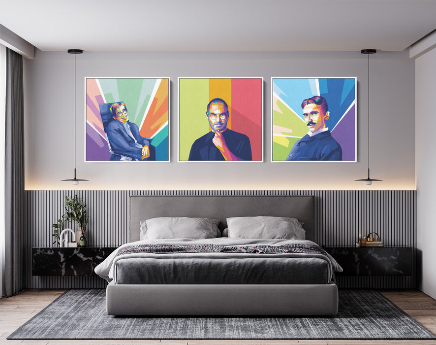 Famous Inventors Sets - Steve Jobs, Nikola Tesla, Stephen Hawking - 3-Pieces Canvas Print for Gallery Wall