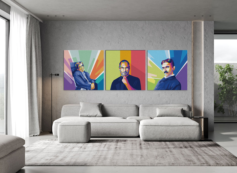 Famous Inventors Sets - Steve Jobs, Nikola Tesla, Stephen Hawking - 3-Pieces Canvas Print for Gallery Wall