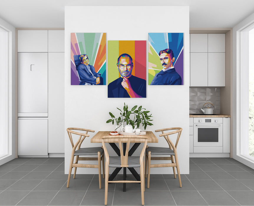 Famous Inventors Sets - Steve Jobs, Nikola Tesla, Stephen Hawking - 3-Pieces Canvas Print for Gallery Wall