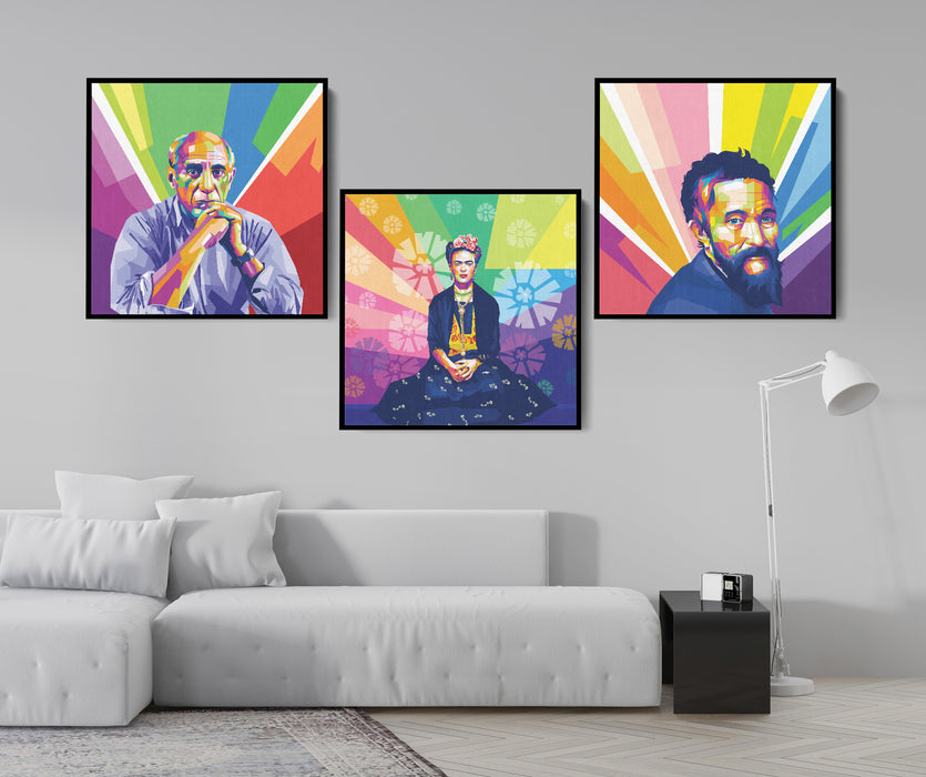 Famous Painters Set -  Pablo Picasso, Frida Kahlo, Michelangelo - 3-Pieces Canvas Print for Gallery Wall