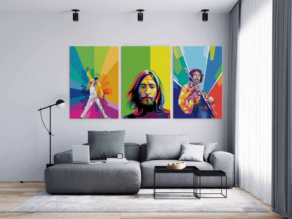 Famous Rockers Set -Freddie Mercury, Jimi Hendrix, John Lennon - 3-Pieces Canvas Print for Gallery Wall