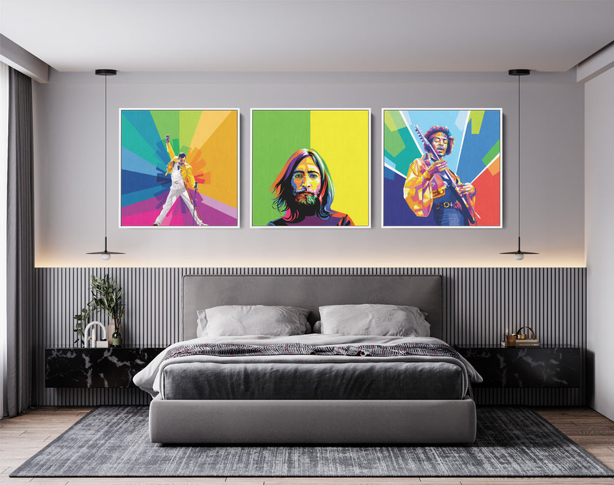 Modern 3-pieces art canvases of Freddie Mercury, Jimi Hendrix, John Lennon