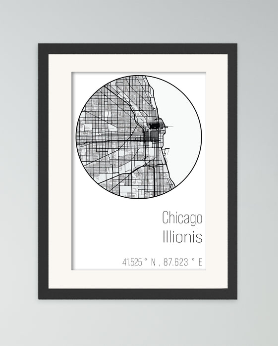 A canvas print of minimalist black & white map of Chicago.