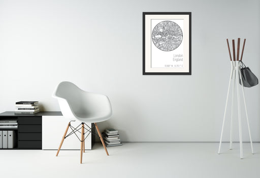 A canvas print of minimalist black & white map of London.