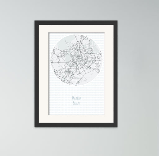 A canvas print of minimalist black & white map of Madrid.