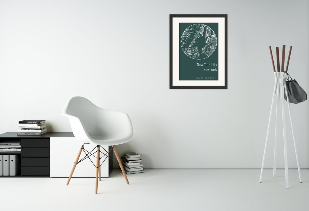 A canvas print of a minimalist green map of New York.