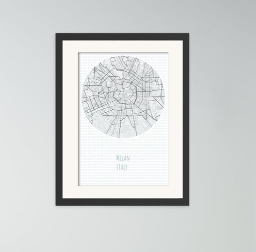 A canvas print of a minimalist map of Milan.